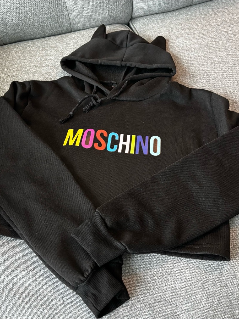 Moschino Black Cropped Hoodie with Multicolor Logo